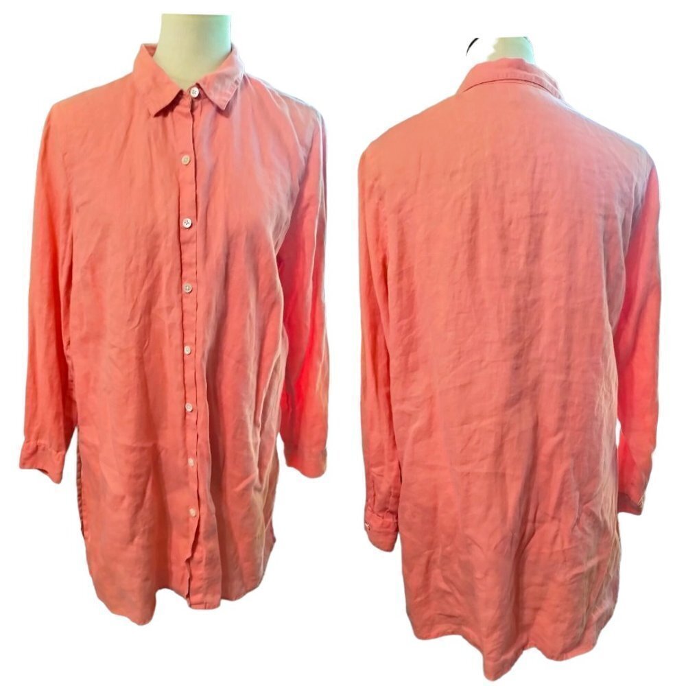 (803) J.Jill love linen Coral Linen Button Front Long Sleeve Tunic Top Size PL